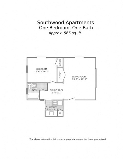Floor plan for 1 bed, 1 bath, 565 sqft